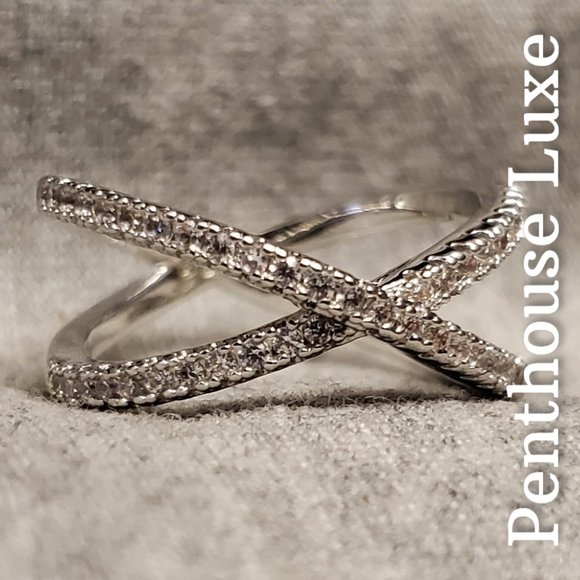 Criss Cross Cubic Zirconia Paved Silver Ring - Picture 5 of 6